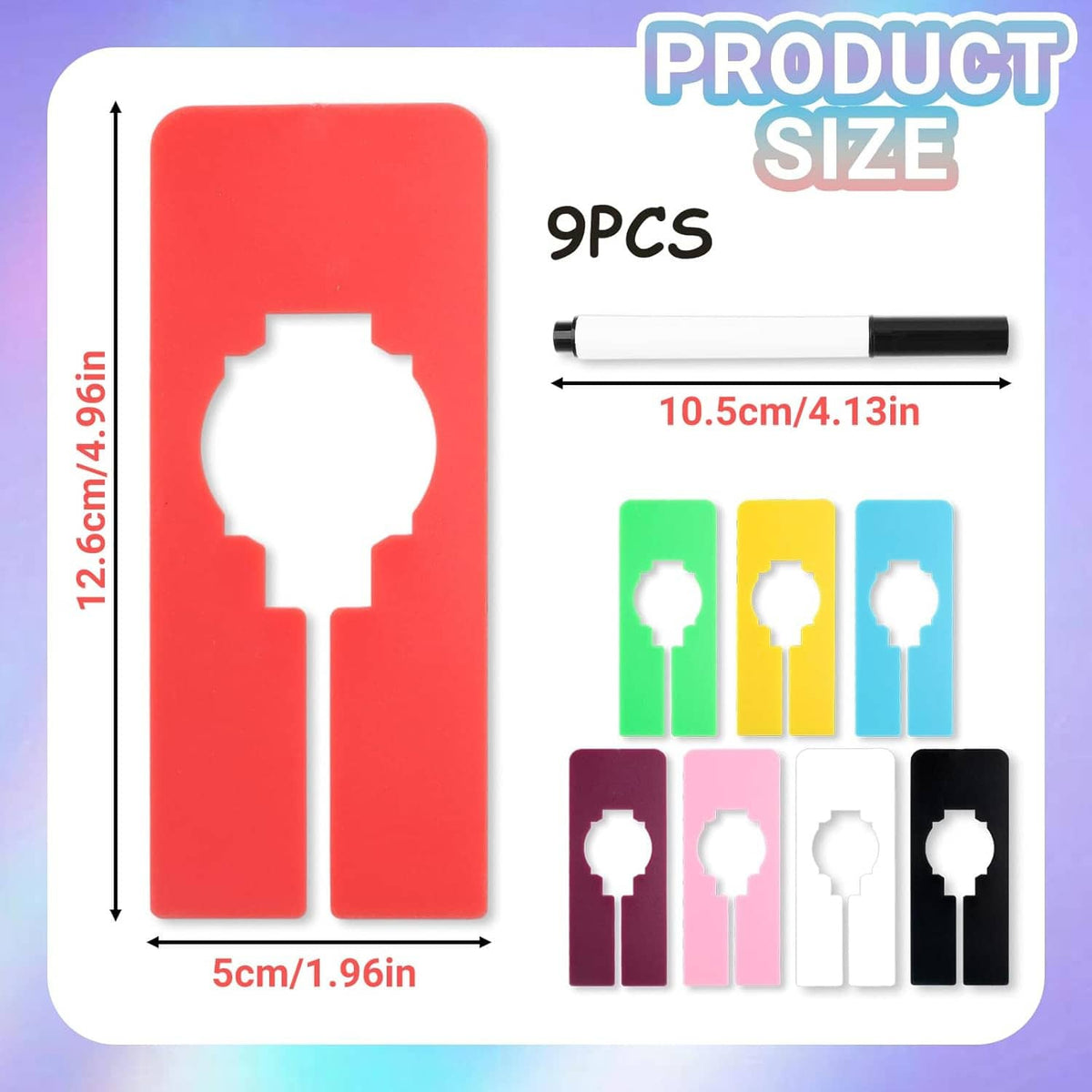 Red plastic closet rack divider clip, rectangular hanging organizer piece with cutout opening
