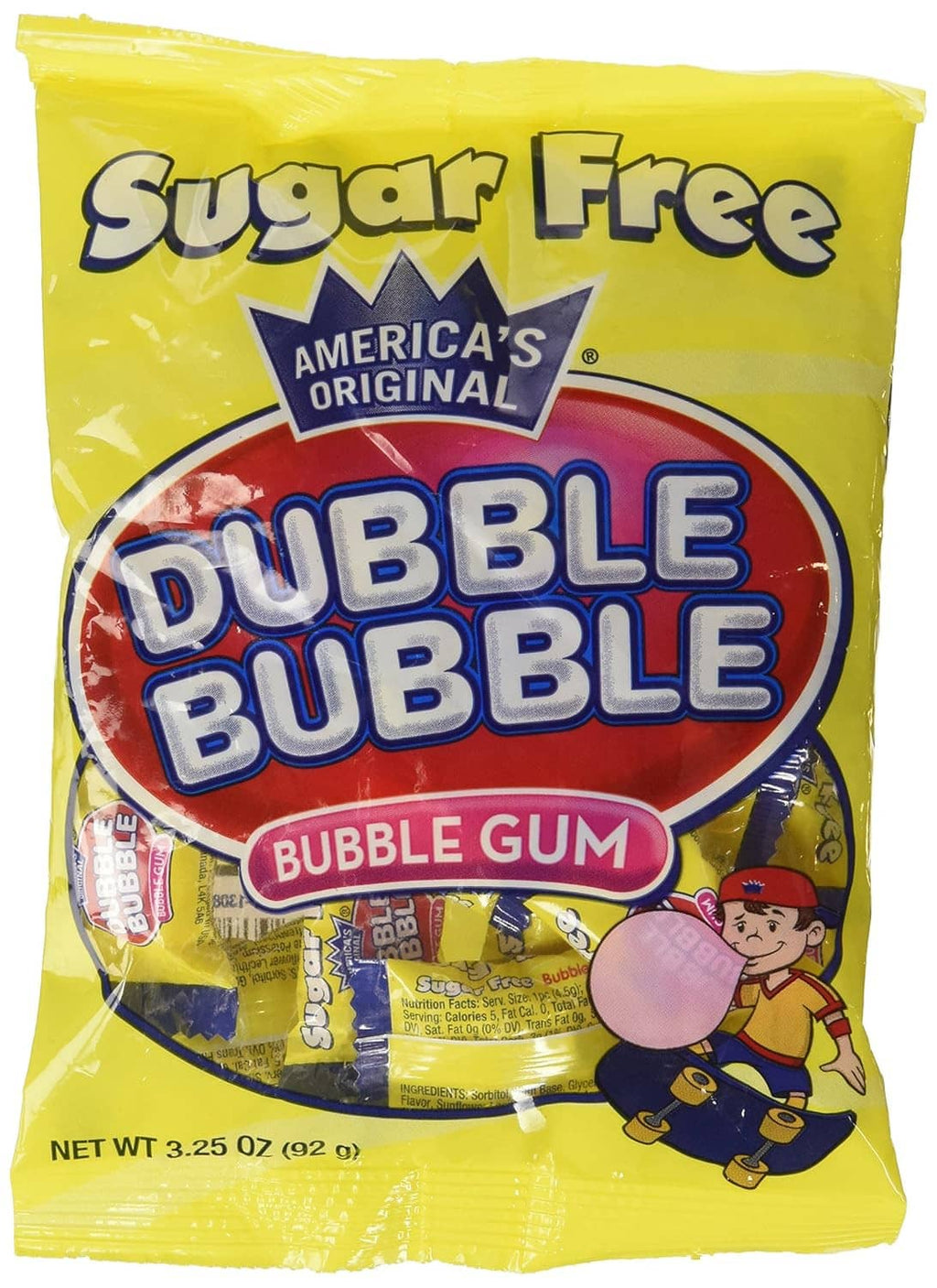 Sugar-free gum pack front shows Sugar Free and Dubble Bubble branding on yellow pouch