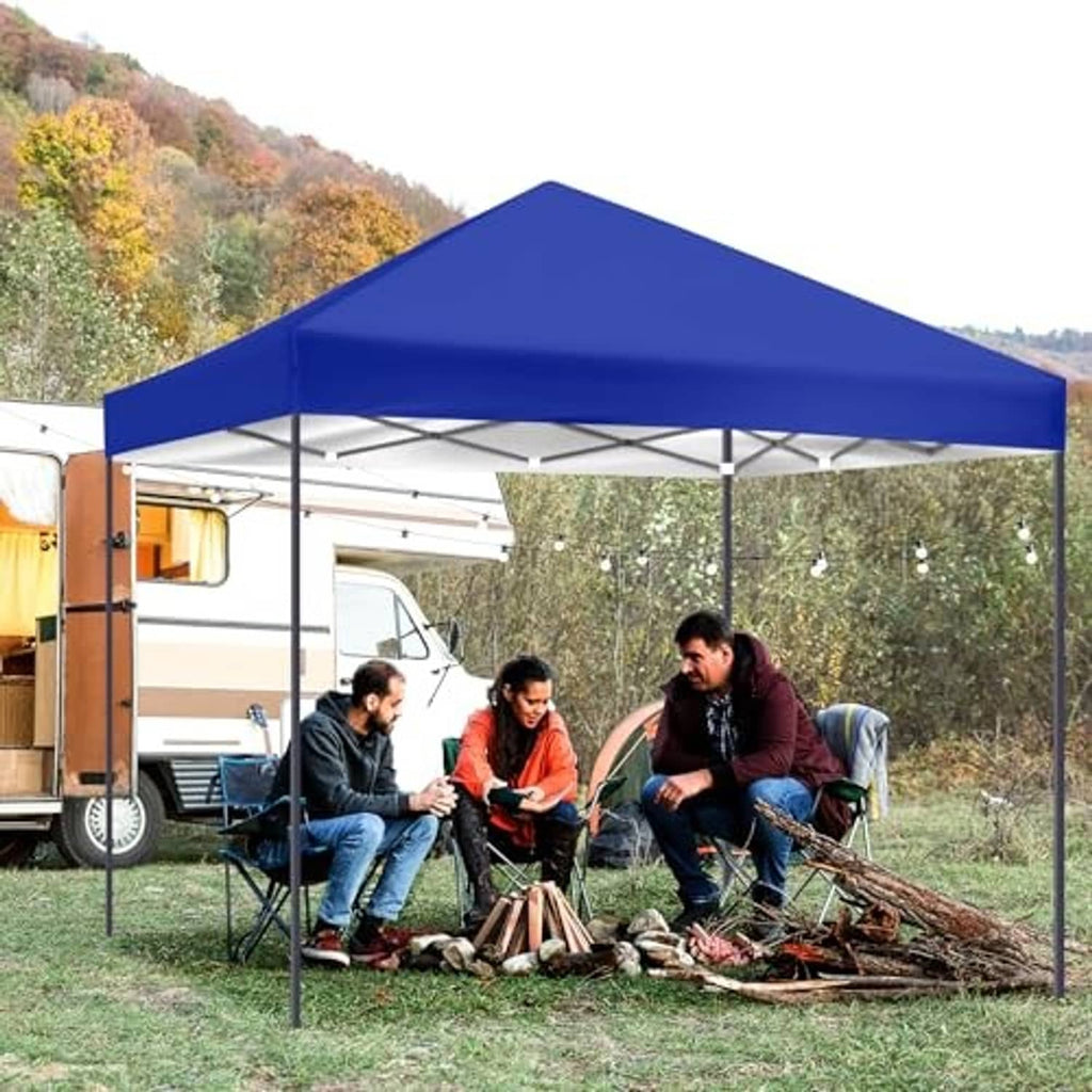 Blue replacement canopy top cover with peaked roof installed on pop-up frame