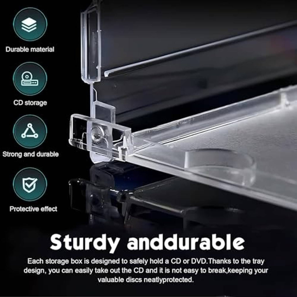 Clear plastic CD jewel case with rigid hinge and protective tray for one disc