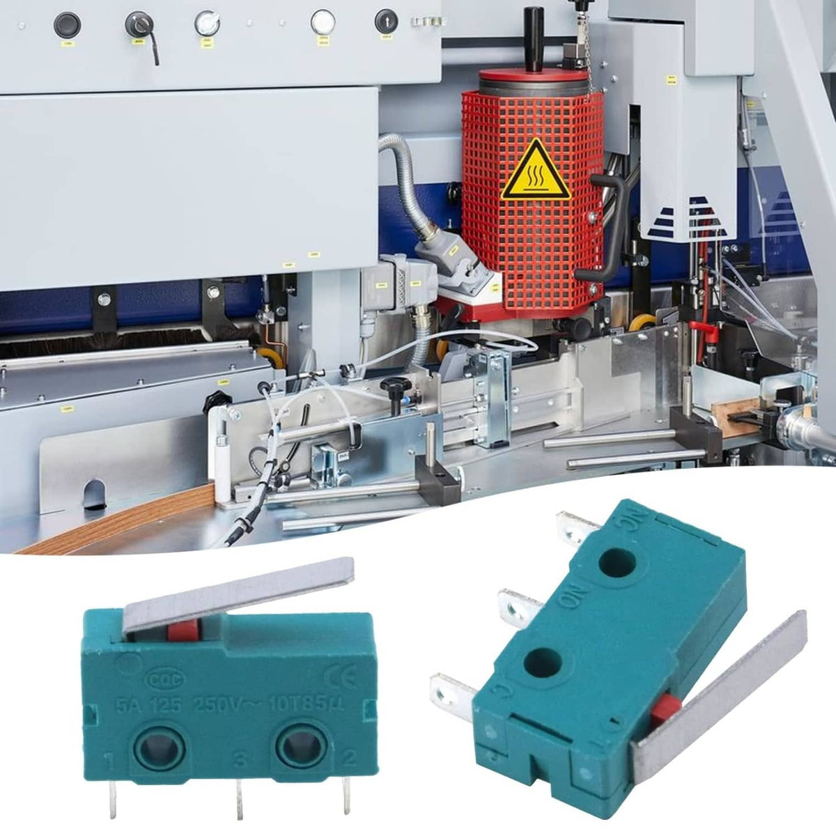 Teal micro limit switch with hinge lever, 3-pin housing and mounting feet