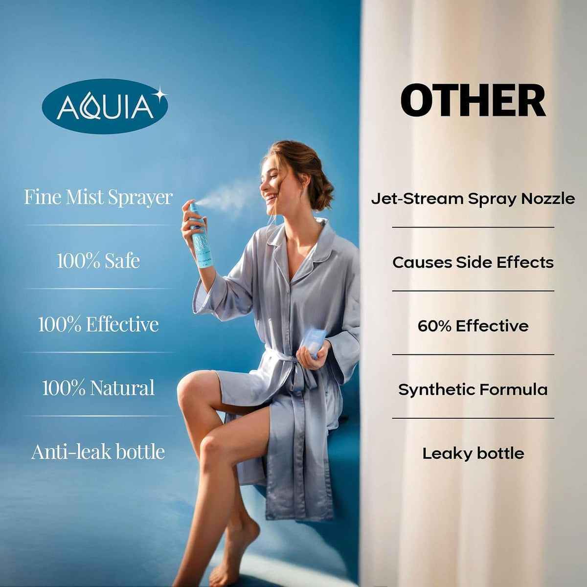 Hypochlorous acid mist spray bottle with nozzle, shown in an at-home shower scene