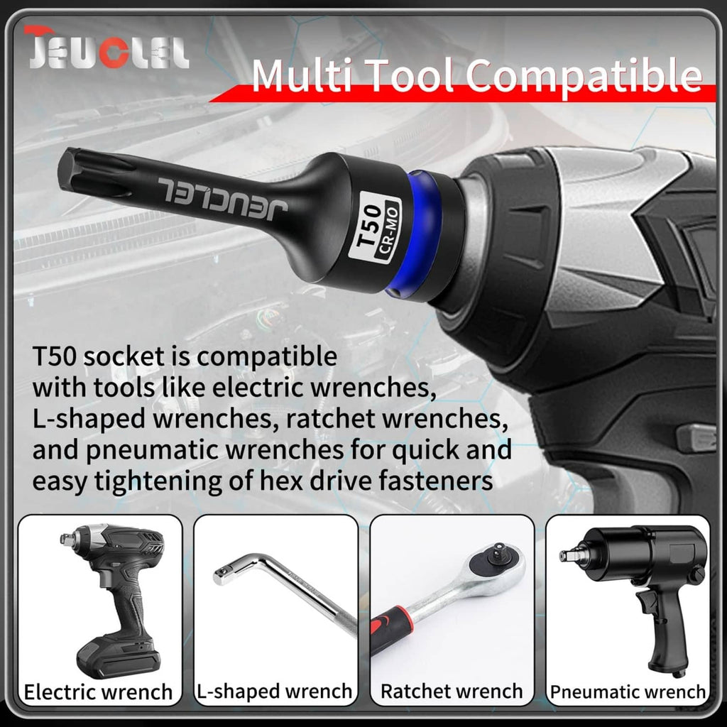 Black T50 Torx impact socket with blue ring, shown with compatible power-tool use