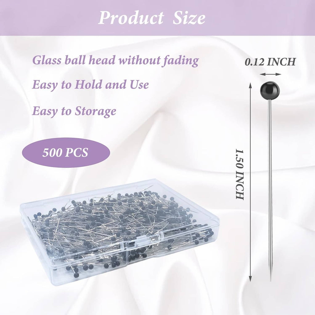 500 straight sewing pins with black ball heads in a clear storage case