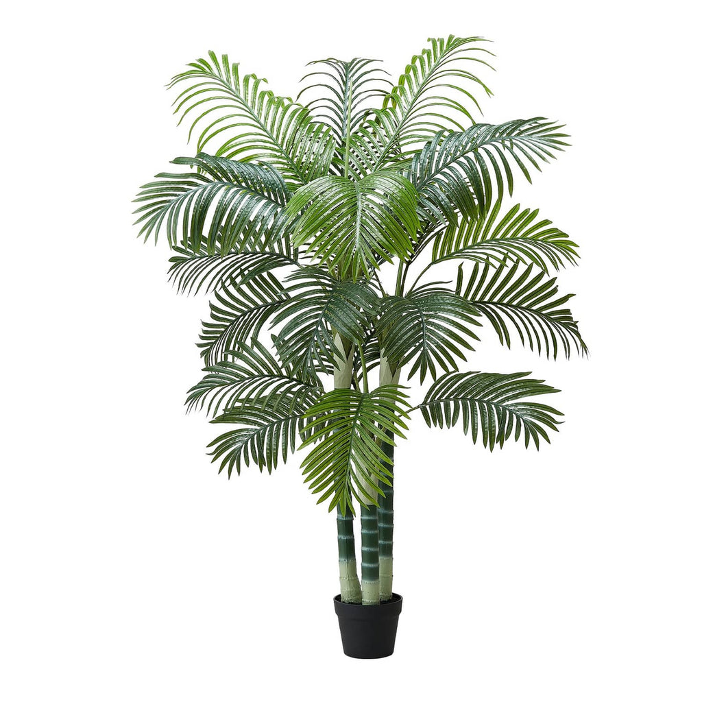 Faux areca palm tree with green leaves and black square planter pot