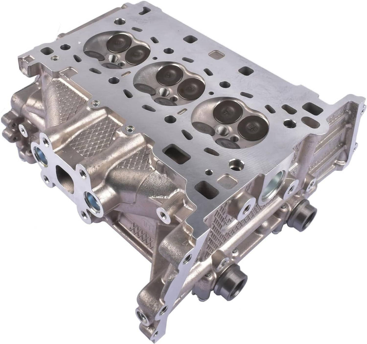 Engine cylinder head angled view with valve chambers and machined channels, silver