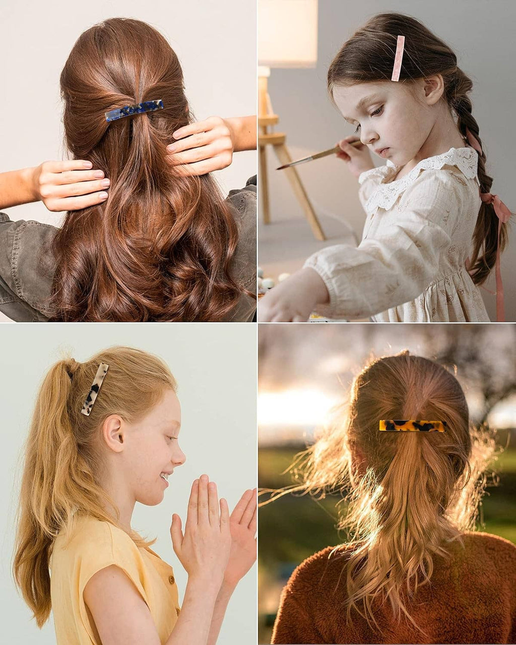 Hair barrette clips used on hairstyles: blue, black, and tortoiseshell accents.