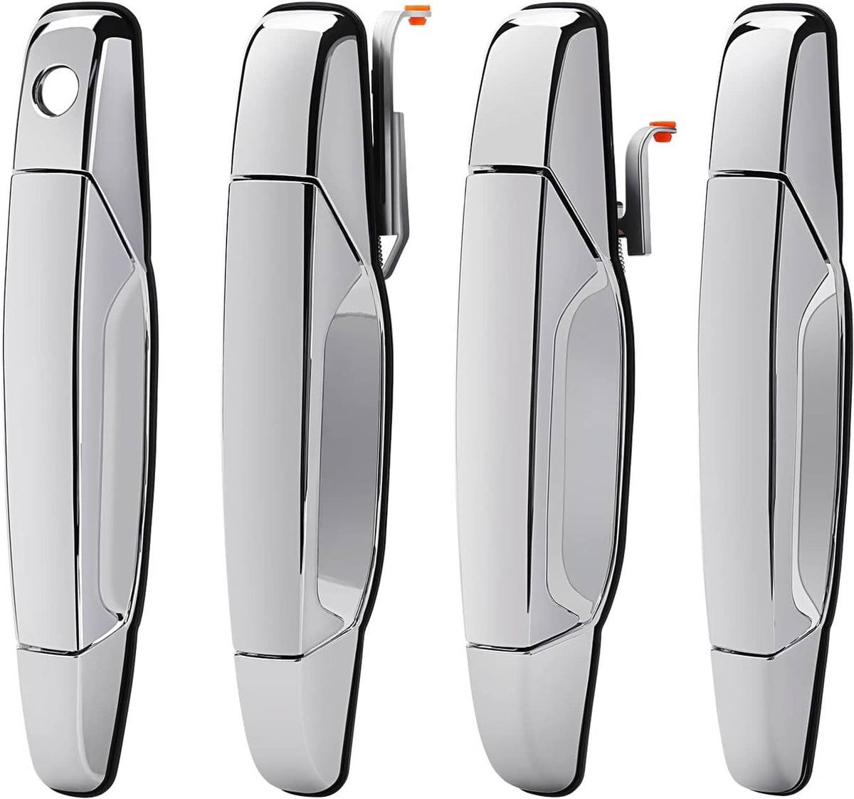 Set of four chrome exterior door handles with key cylinder opening, glossy metal finish