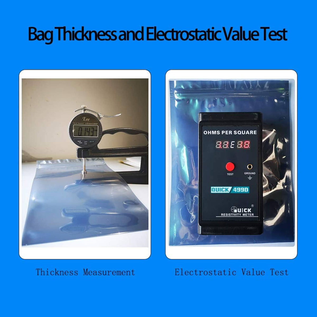 Clear anti-static bag used for thickness and electrostatic test measurement