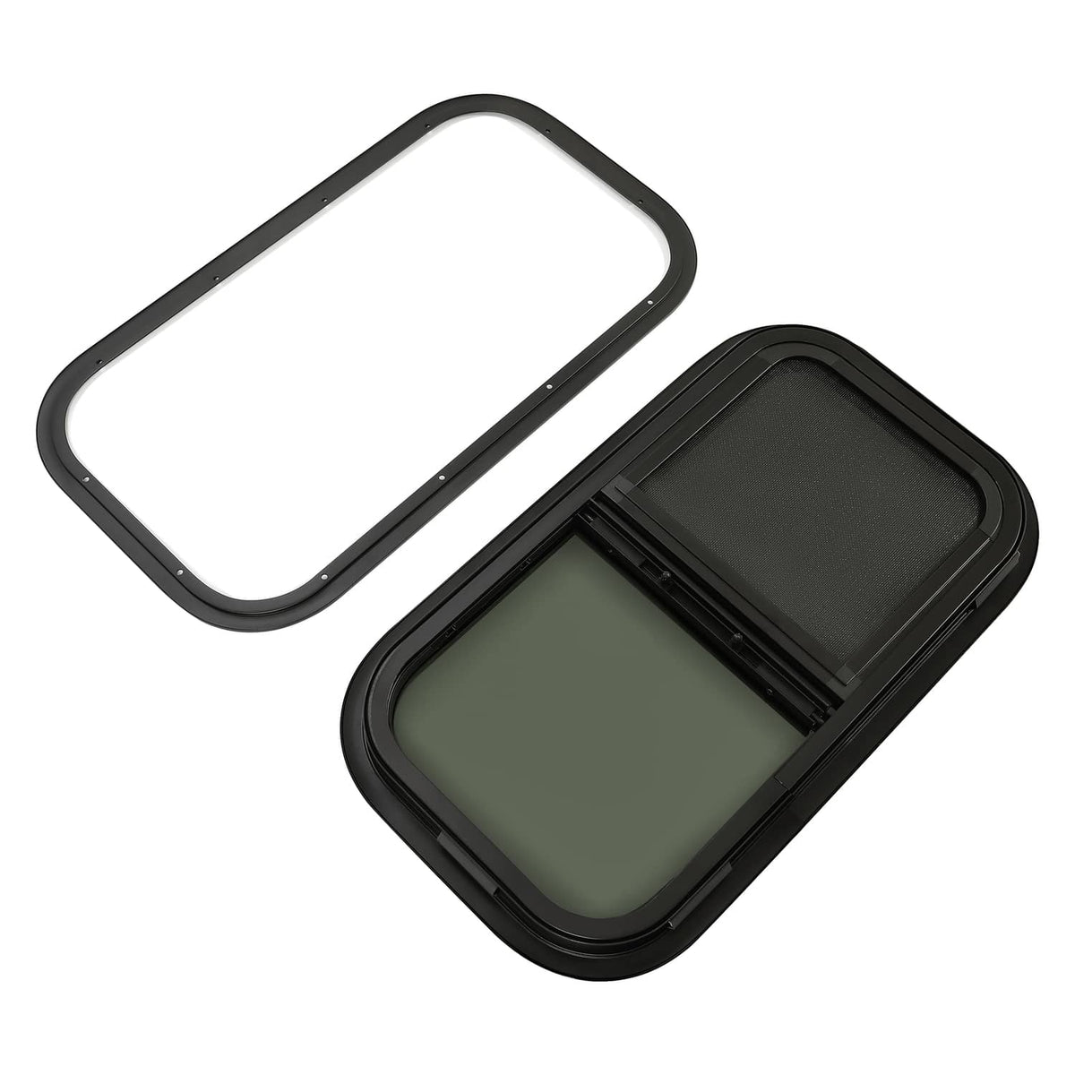 Tinted RV glass window with black frame, shown with removable outer panel