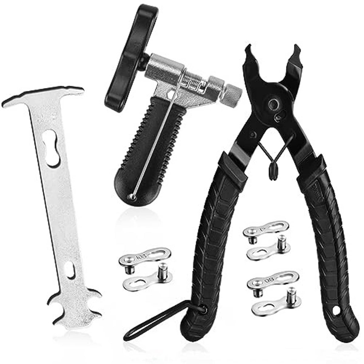 Bike chain repair tool kit with chain breaker pliers, silver pin tool, and spare master link clips