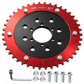 Red and black split motorcycle sprocket with black hub and mounting bolts