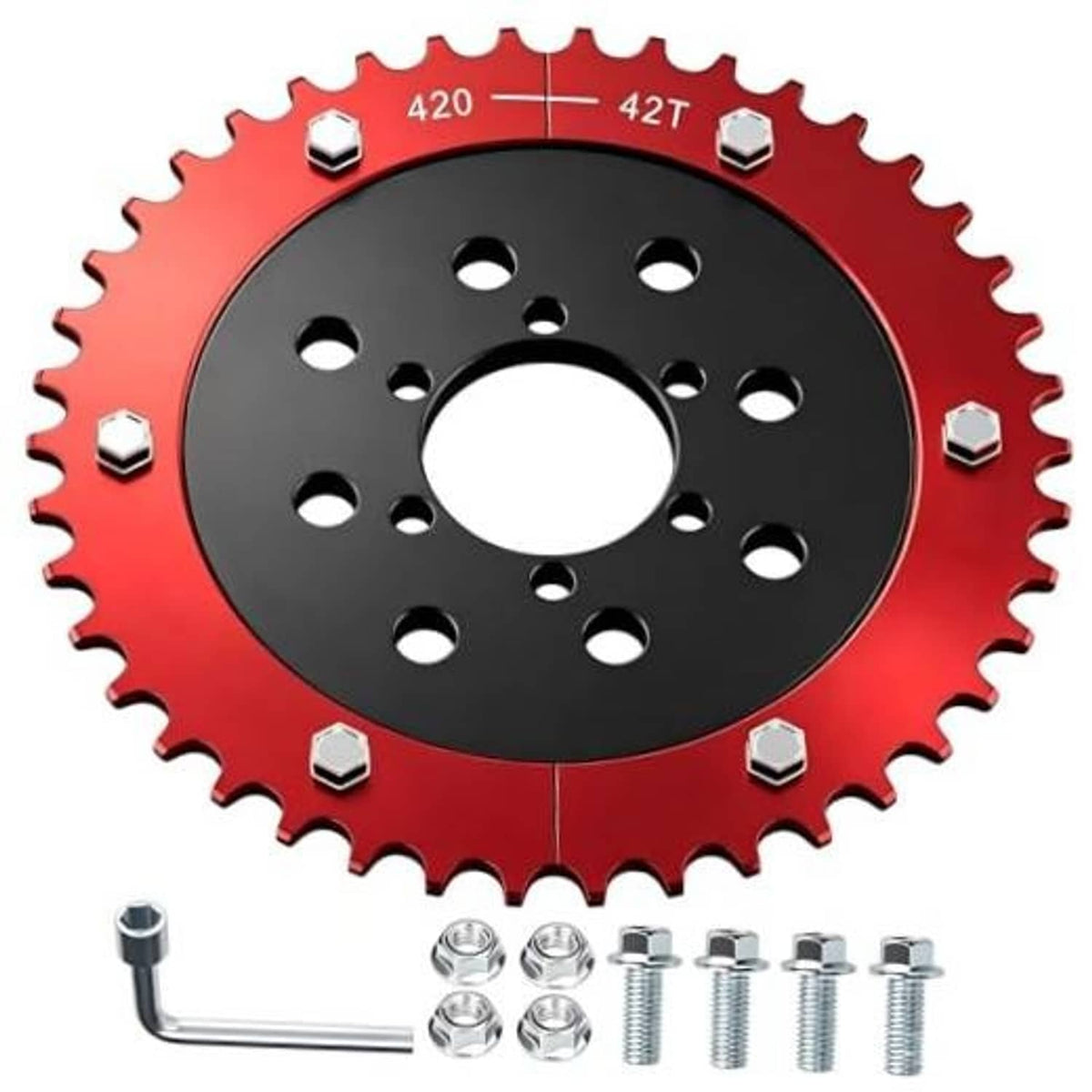 Red and black split motorcycle sprocket with black hub and mounting bolts