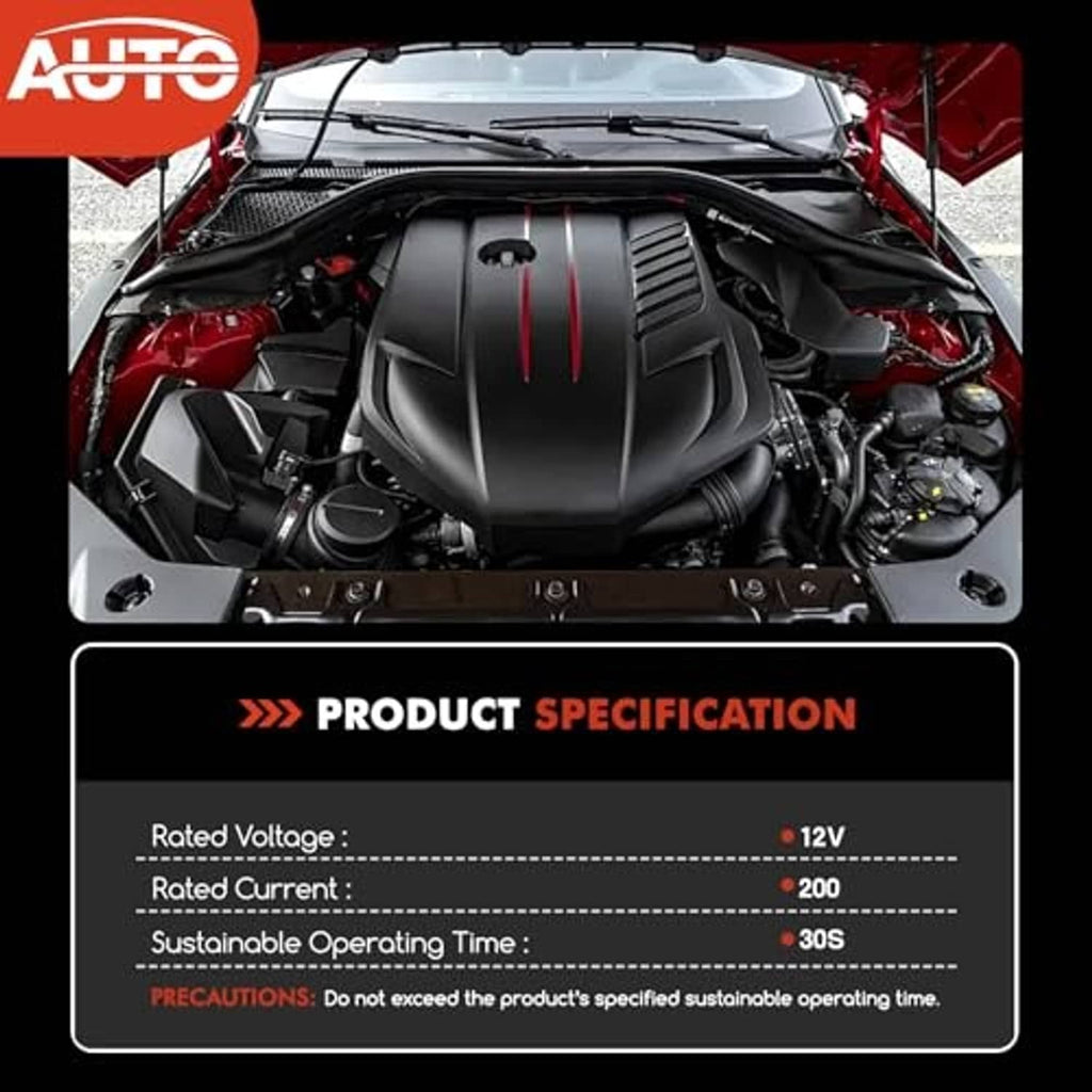 Starter relay solenoid product specification graphic with engine bay photo