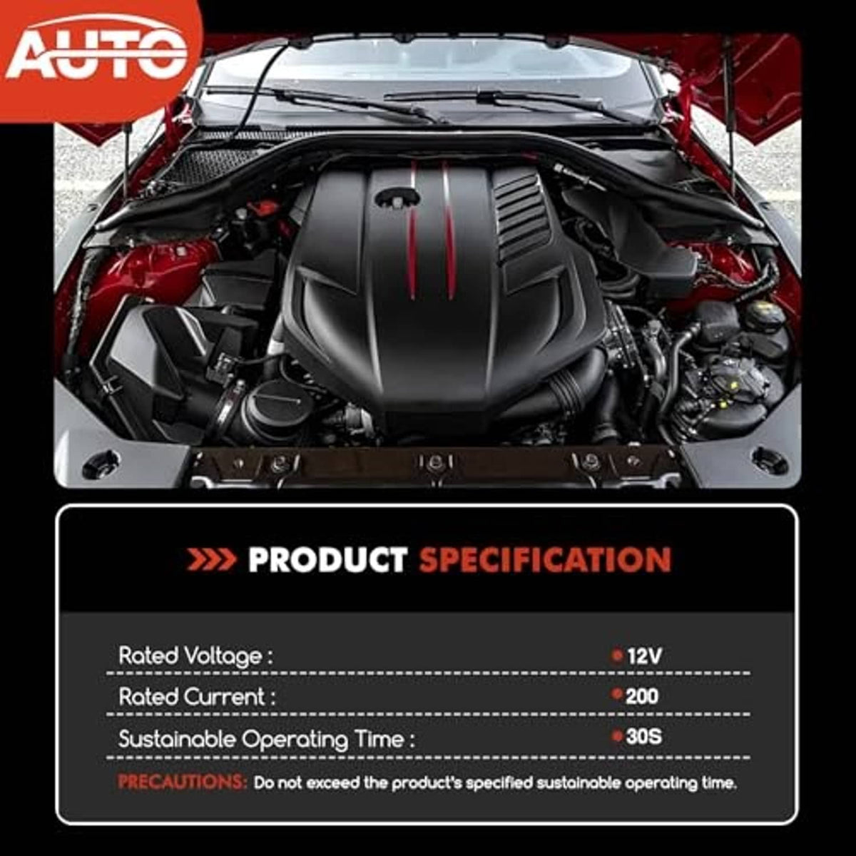 Starter relay solenoid product specification graphic with engine bay photo