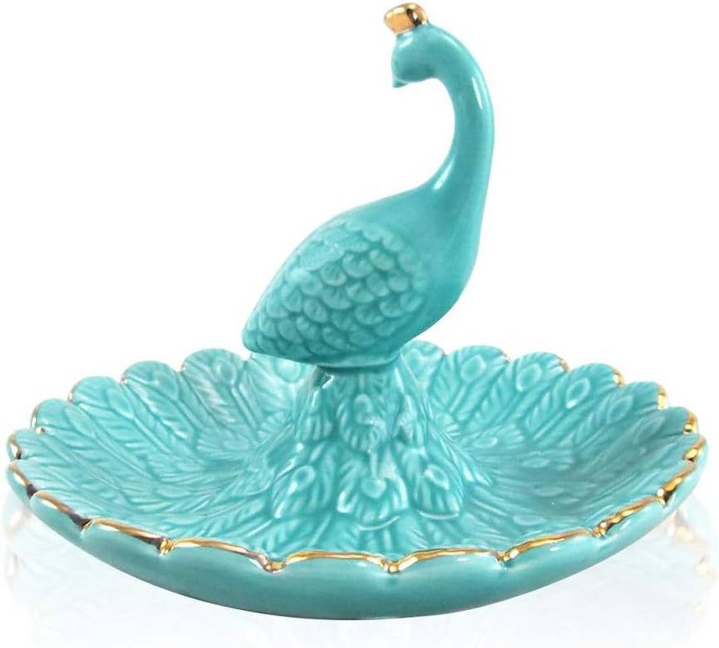 Turquoise ceramic peacock trinket dish with gold border and embossed feather design