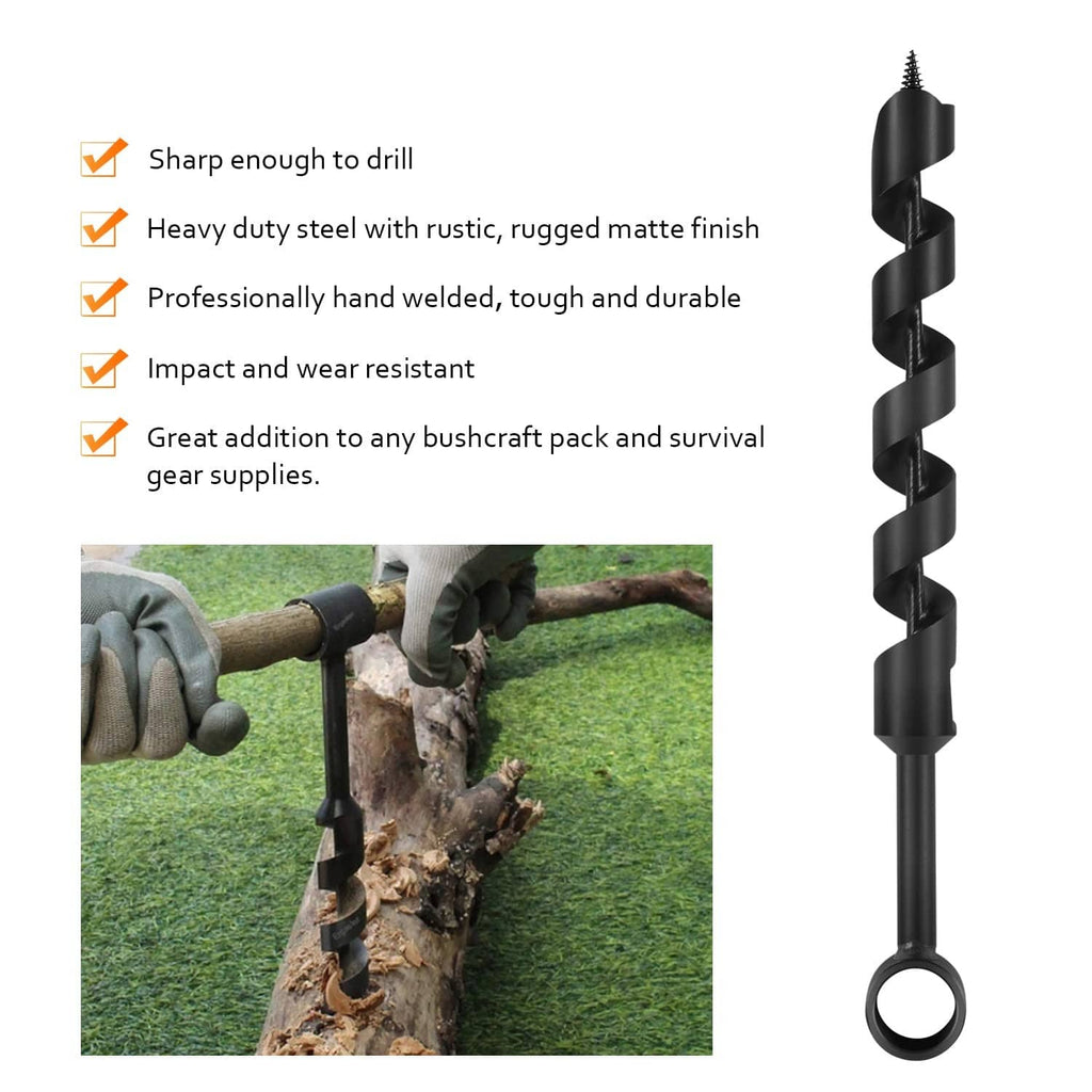 Black steel wood auger drill bit with long spiral flutes and eye-shaped bit end
