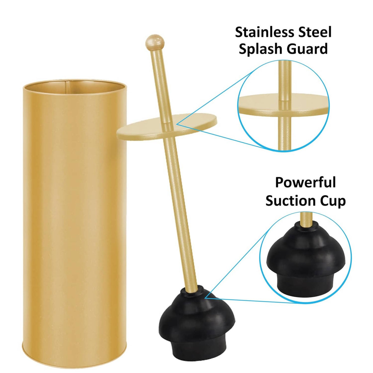Gold toilet plunger with black rubber cup, suction base, and splash guard holder