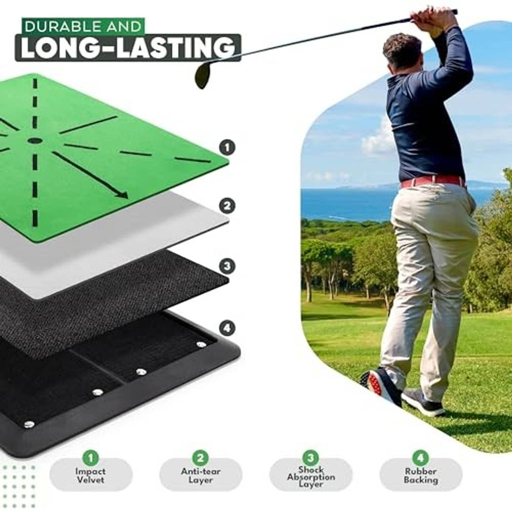 Stacked golf practice mat layers with green hitting surface and black impact base backing