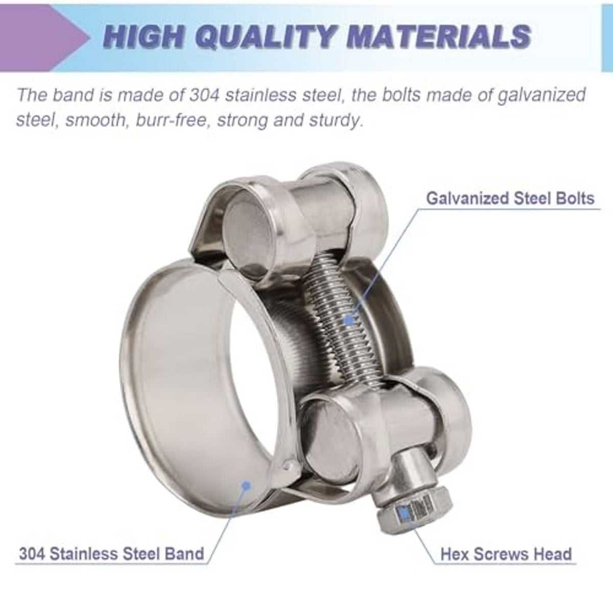 Stainless steel T-bolt hose clamp showing band and threaded bolt details