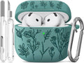 Teal silicone AirPods case with engraved floral pattern, open lid, and silver carabiner clip