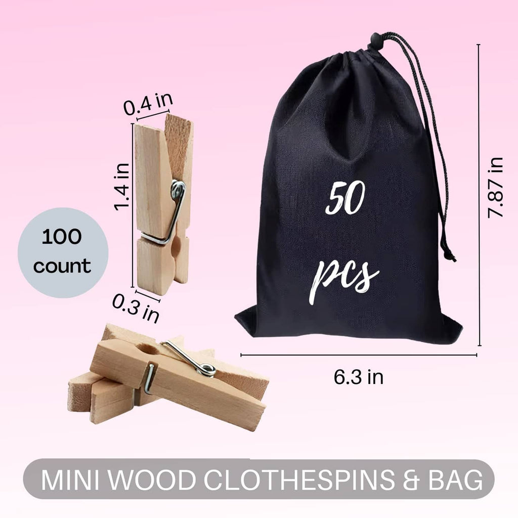 Wooden mini clothespins with metal springs, shown in a drawstring bag