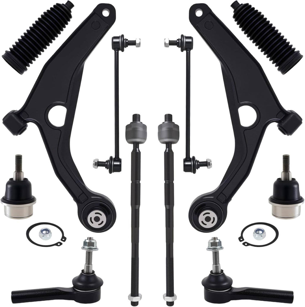 12-piece front suspension control arm and tie rod kit with rubber boots and ball joints