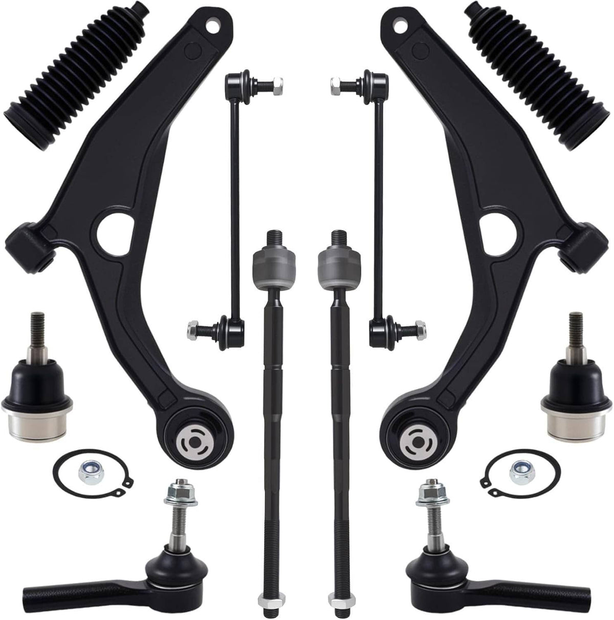 12-piece front suspension control arm and tie rod kit with rubber boots and ball joints