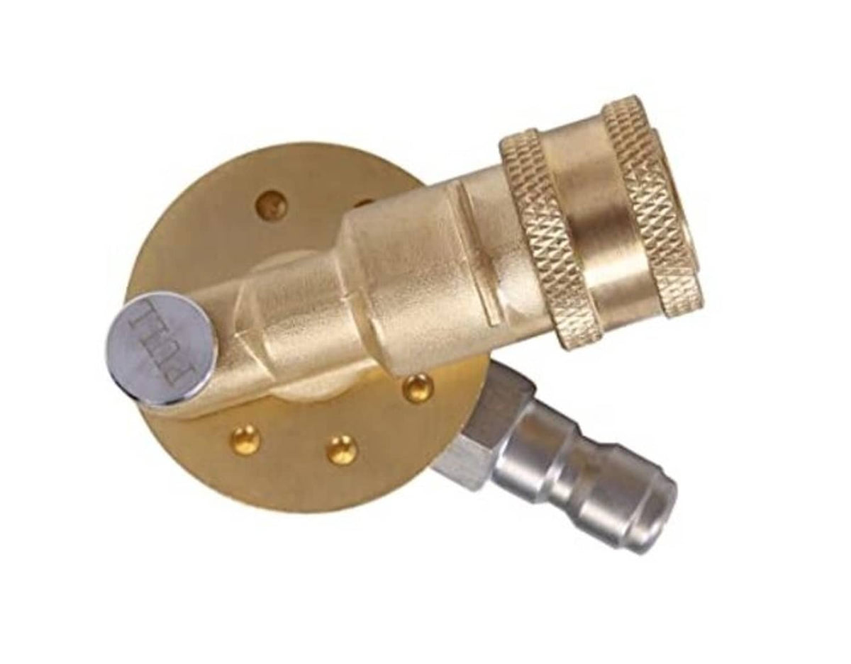 Gold pivoting coupler with knurled rings and silver quick-connect hose fitting