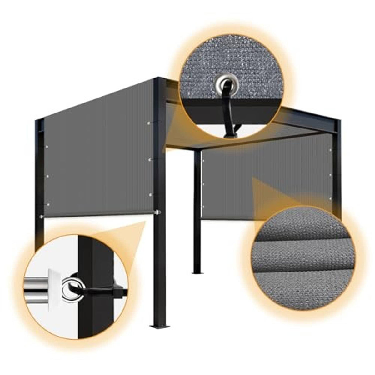 Pergola shade cover detail showing fabric texture and rod connection hardware