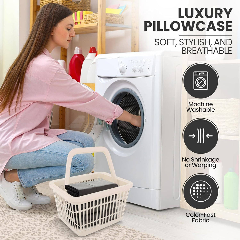 Gray pillow covers, machine-washable fabric shown near a washing machine.
