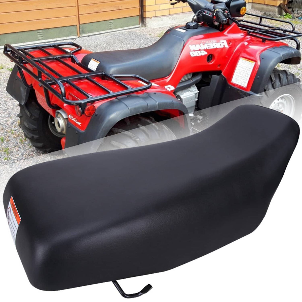 Black ATV seat replacement with front mounting tab and smooth padded surface