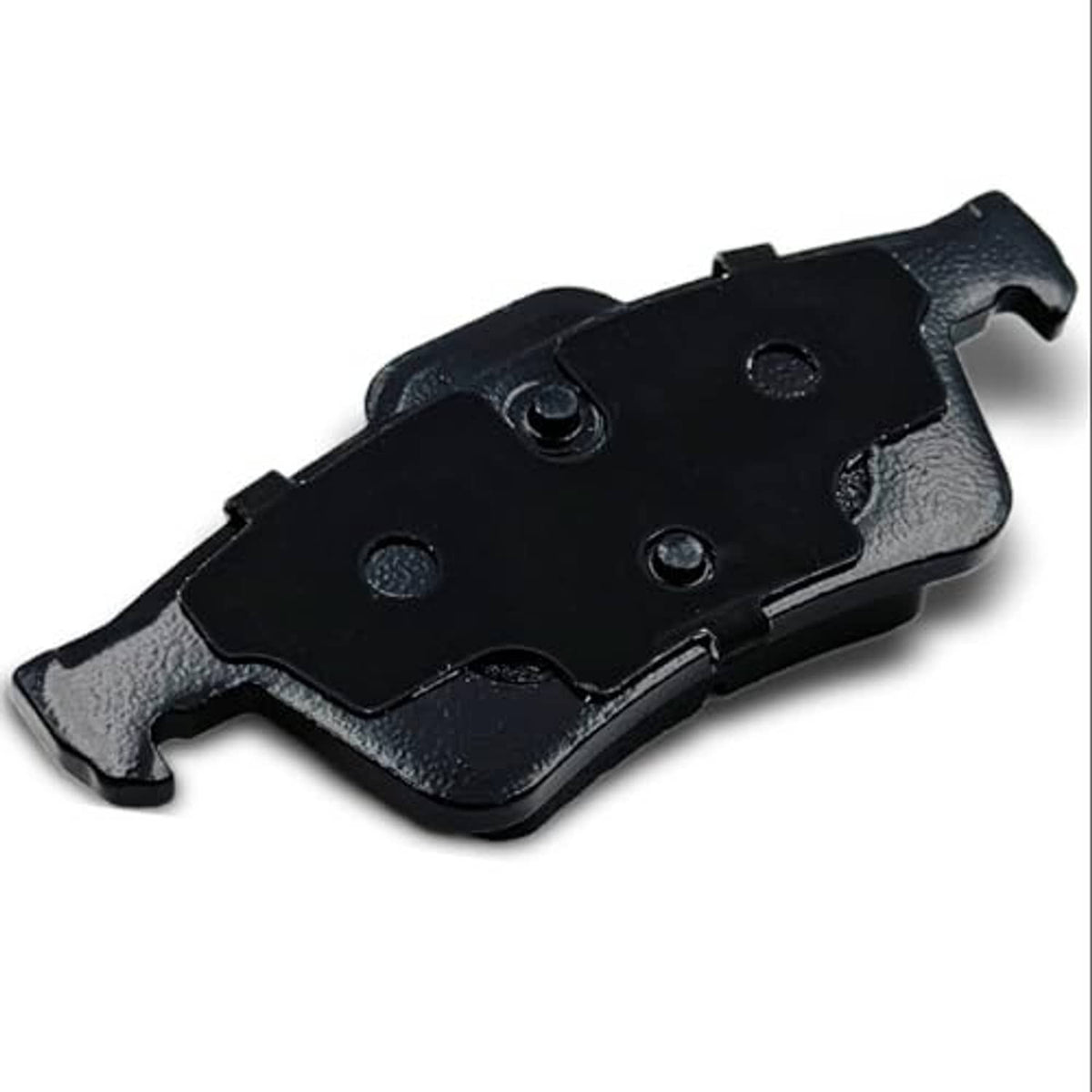 Ceramic brake pad back plate view, black metal backing with mounting holes