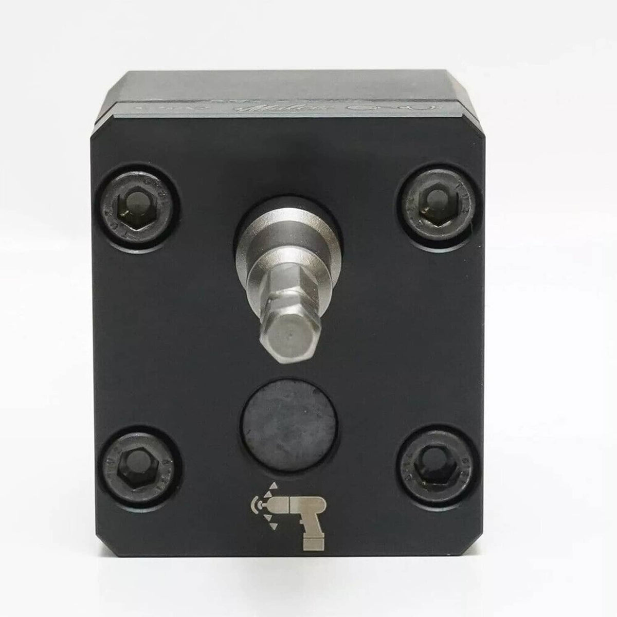 Black crimper housing with centered steel drive bit and six hex mounting screws