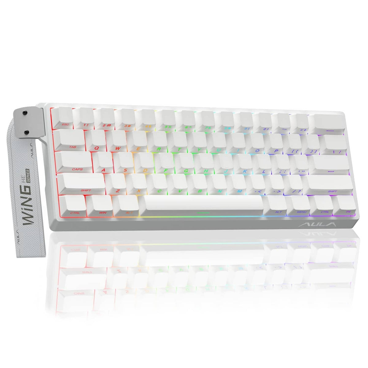 White 60% mechanical gaming keyboard with RGB backlit keys, top view