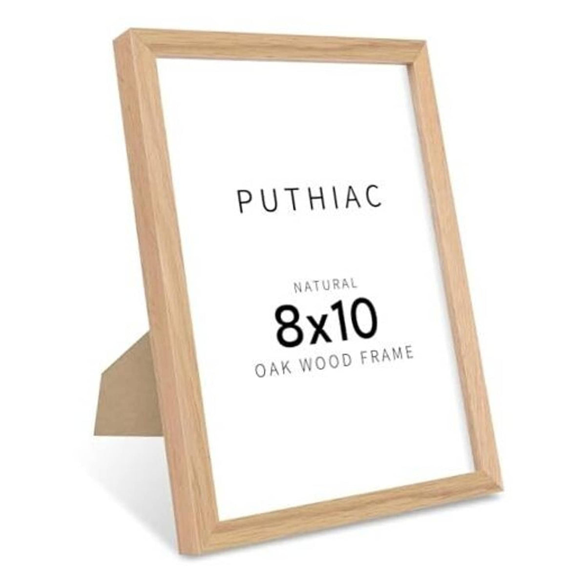 Natural oak wood picture frame, 8x10 opening, standing display with white background