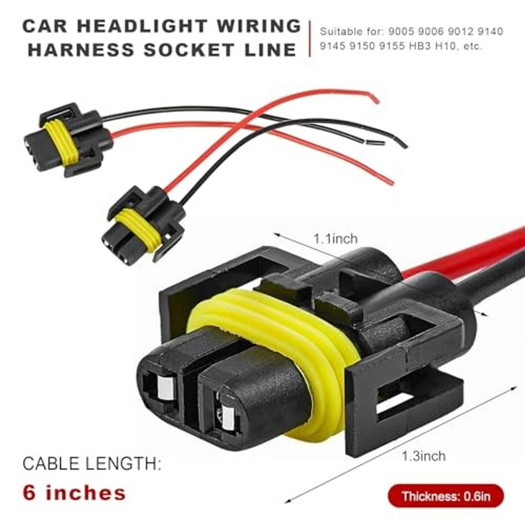 Headlight wiring harness socket set with yellow seals, red/black wires and inline plug
