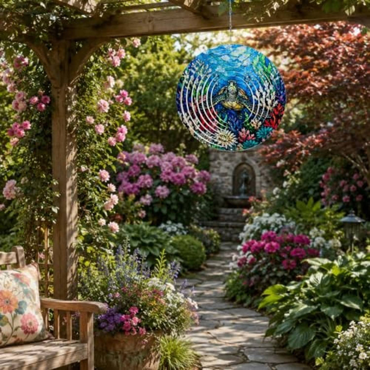 Round sea turtle wind spinner hanging under patio beams, blue spiral metal ring blades.