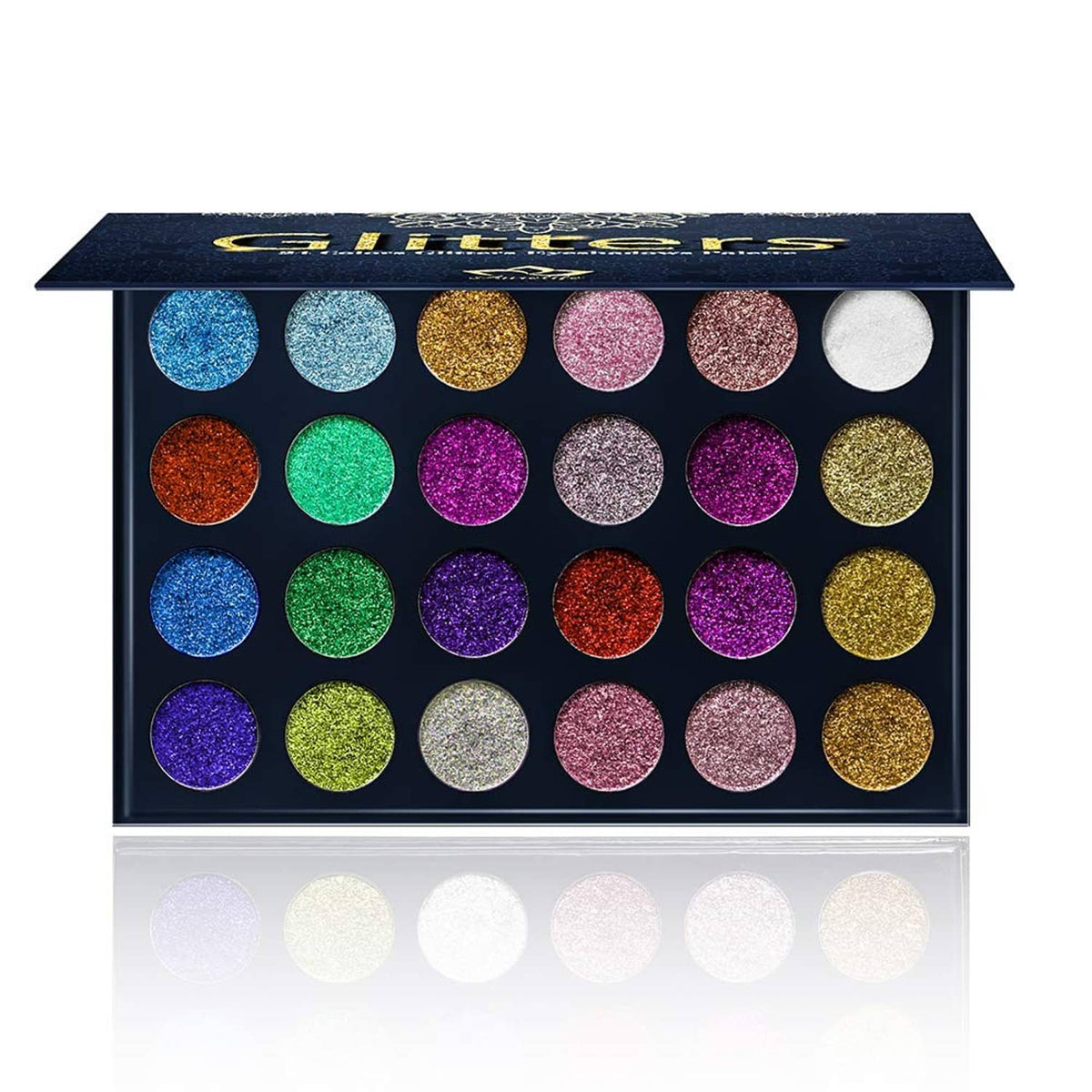Multicolor pressed glitter eyeshadow palette with 24 round shades, open view