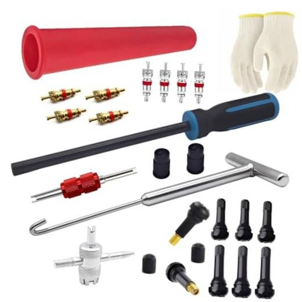 Valve stem puller kit with red caps, silver wrenches, black stems, and white glove