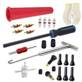 Valve stem puller kit with red caps, silver wrenches, black stems, and white glove