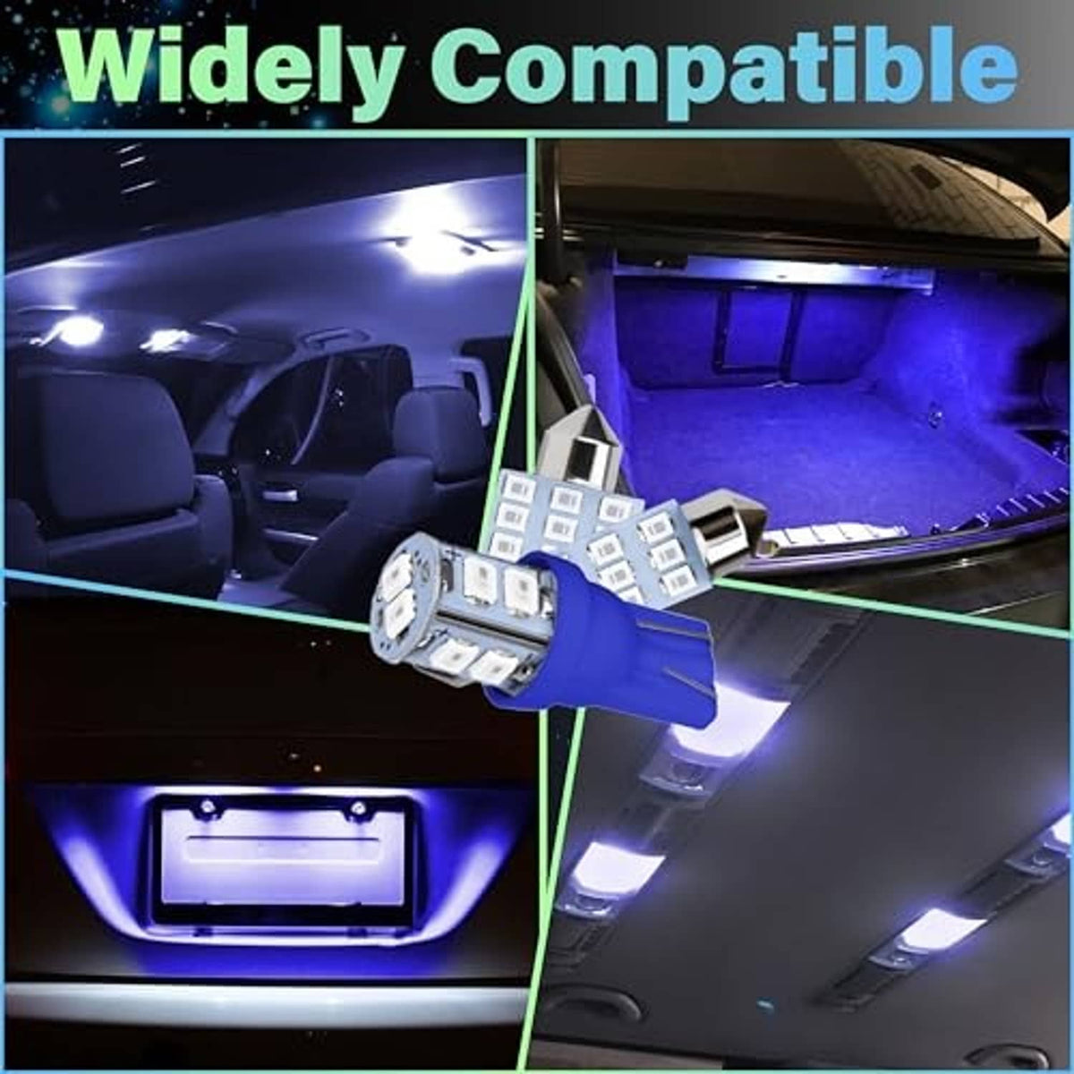 Blue LED dome light bulbs installed in a car interior, showing blue dome lighting