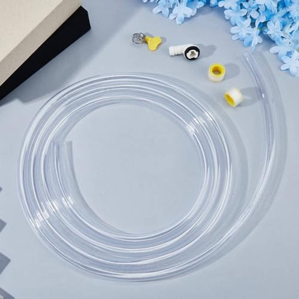 Clear coiled AC drain hose kit with yellow caps and metal hose clamps