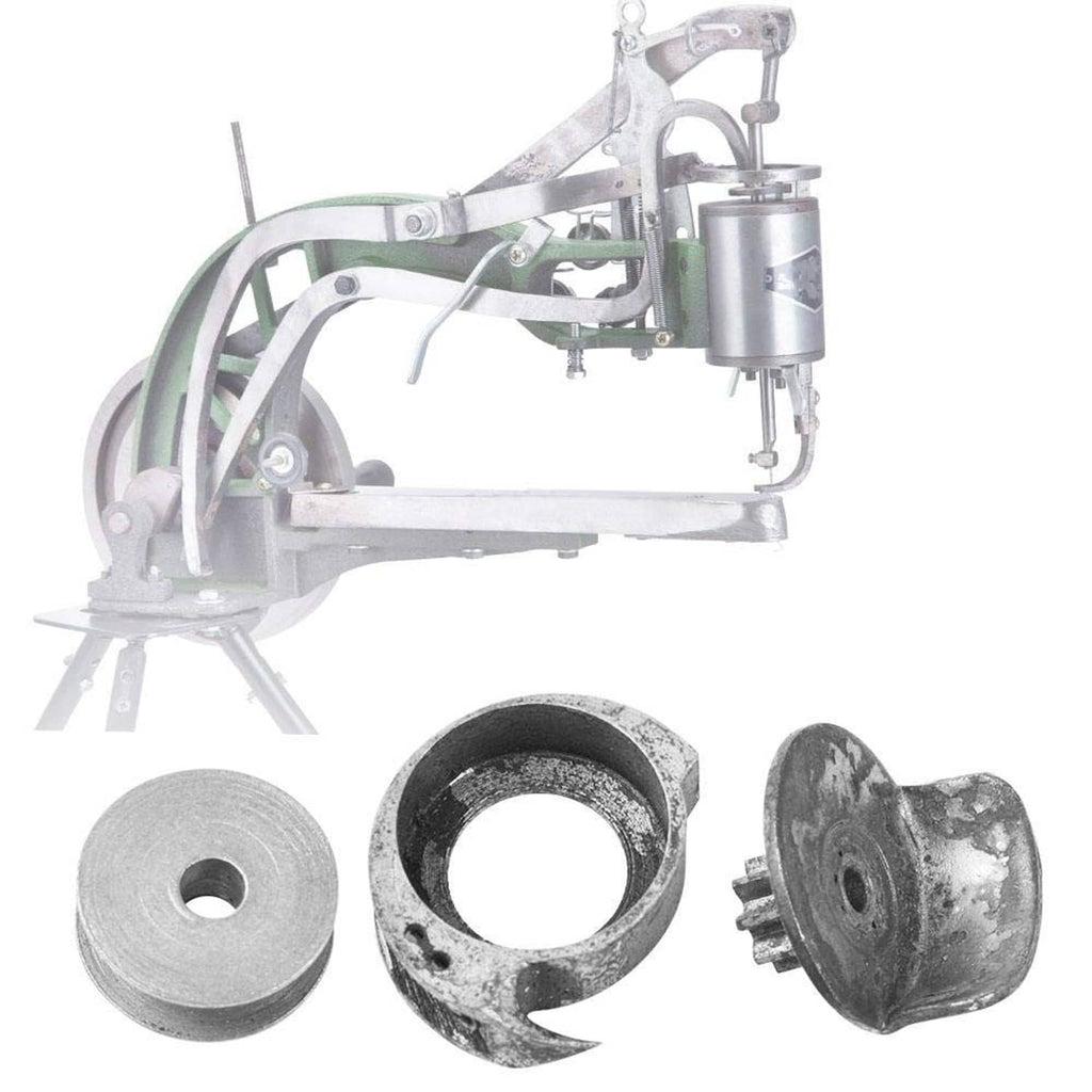 Shoe mending bobbin set pieces: light gray bobbin, dark bobbin case, dark chassis part