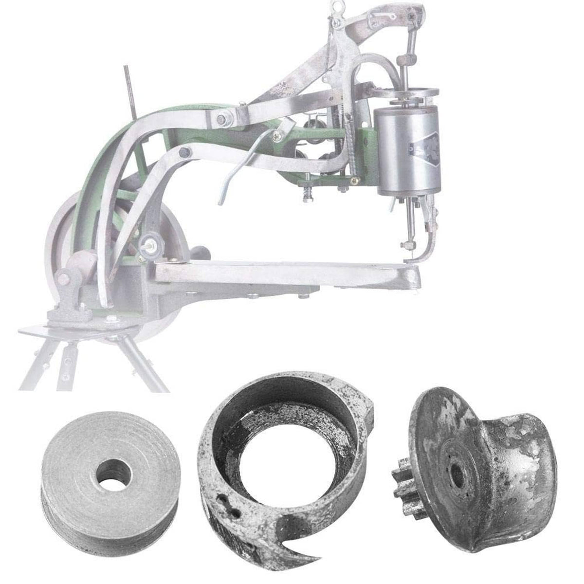 Shoe mending bobbin set pieces: light gray bobbin, dark bobbin case, dark chassis part