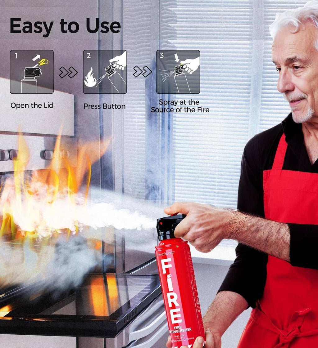 Red AmzBoom fire extinguisher held by a person aiming at flames