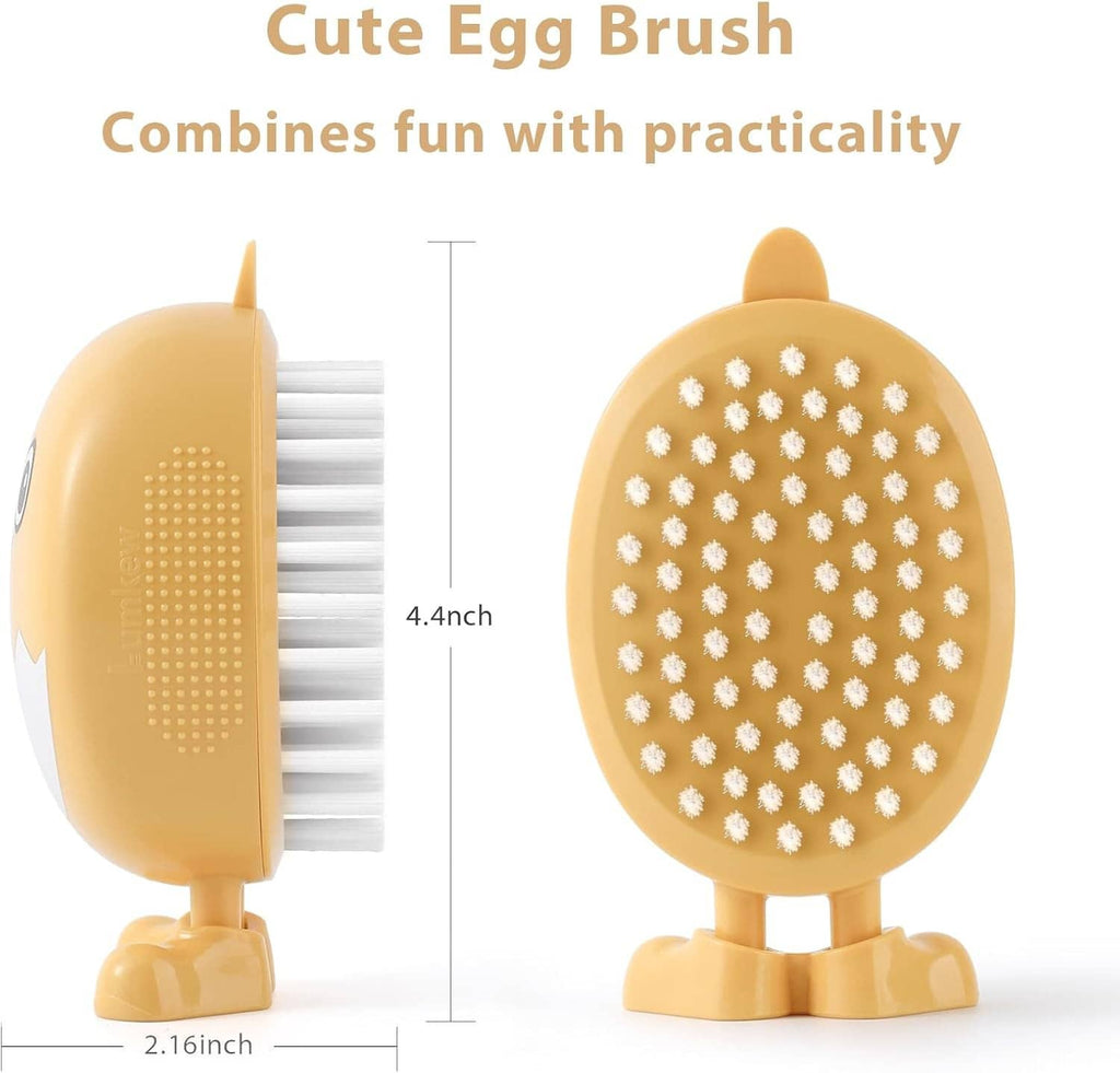 Yellow egg brush scrubber with white bristle pads, side and front size view