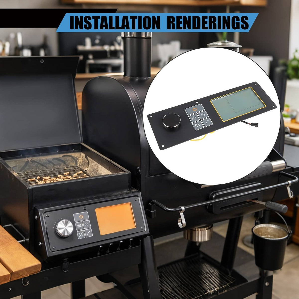Pellet grill controller with control knob, keypad, and LCD display mounted on grill