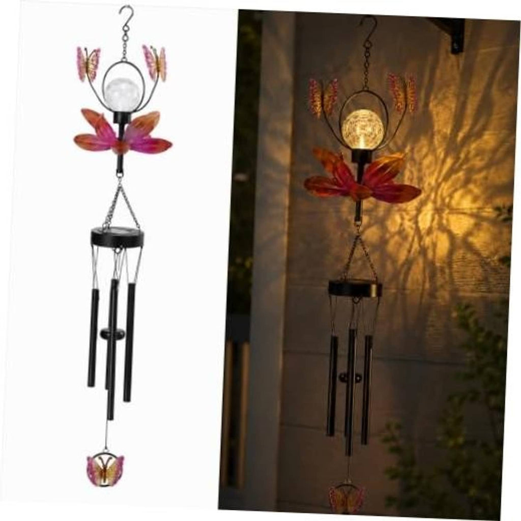 Solar metal wind chime with pink butterfly accents, flower spinner, and glass lantern
