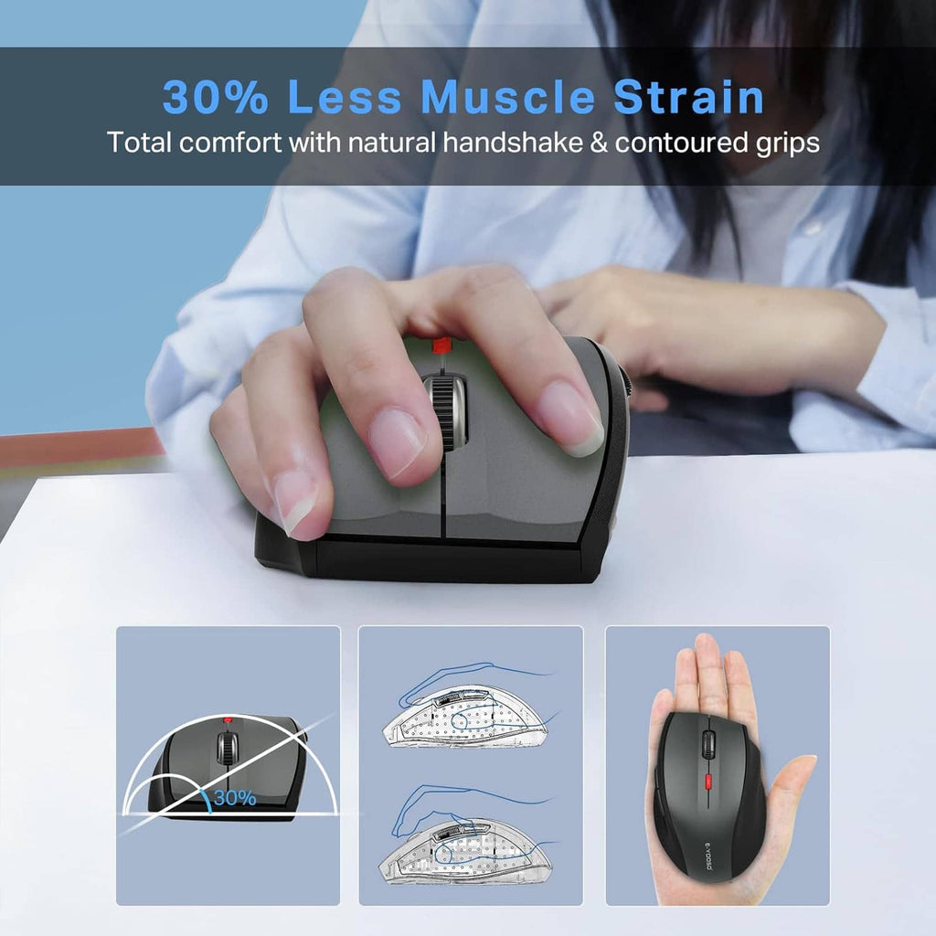 Gray wireless mouse held in hand with contoured side grips and central wheel